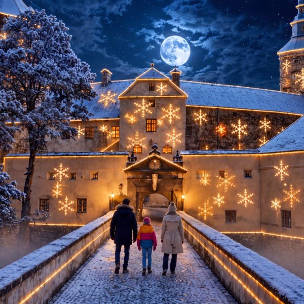 Familie auf der beleuchteten Burg Schlaining (KI-generiertes Bild)