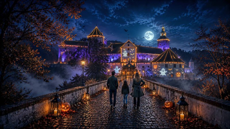 KI-generierte Illustration: Familie geht über eine Steinbrücke auf die mit Lichterketten, Geister- und Kürbisprojektionen beleuchtete Burg Schlaining zu